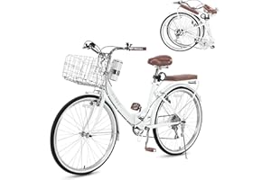 BGGFNZ 24/26 Inch Beach Cruiser Bike for Women Folding Bikes, 7-Speed Womens Bike with Basket and Coffee Cup, Womens Foldable Bicycle Commuter Bikes for Adults, Adjustable Seat & Dual V-Type Brakes