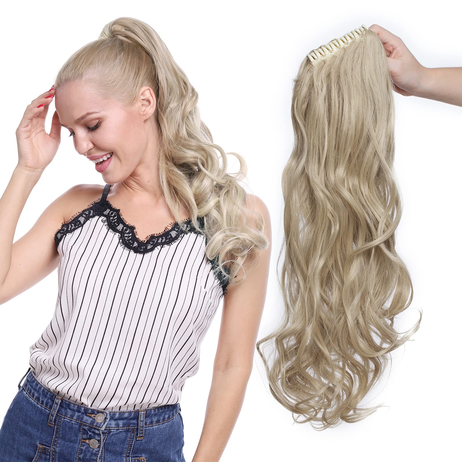 Silk-co Clip in Ponytail Extension Clip in 24 inches Long Wavy Curly Wrap around Hair Piece Synthetic Hair for Women (Blond&Bleach Blond)