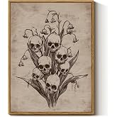 InSimSea Framed Canvas Prints Art Vintage Decor, Gothic Skull Flowers Painting, Rustic Dark Academia Wall Art for Bathroom, Halloween Living Room Witchy Room Wall Cottagecore Decor, 12x16inch