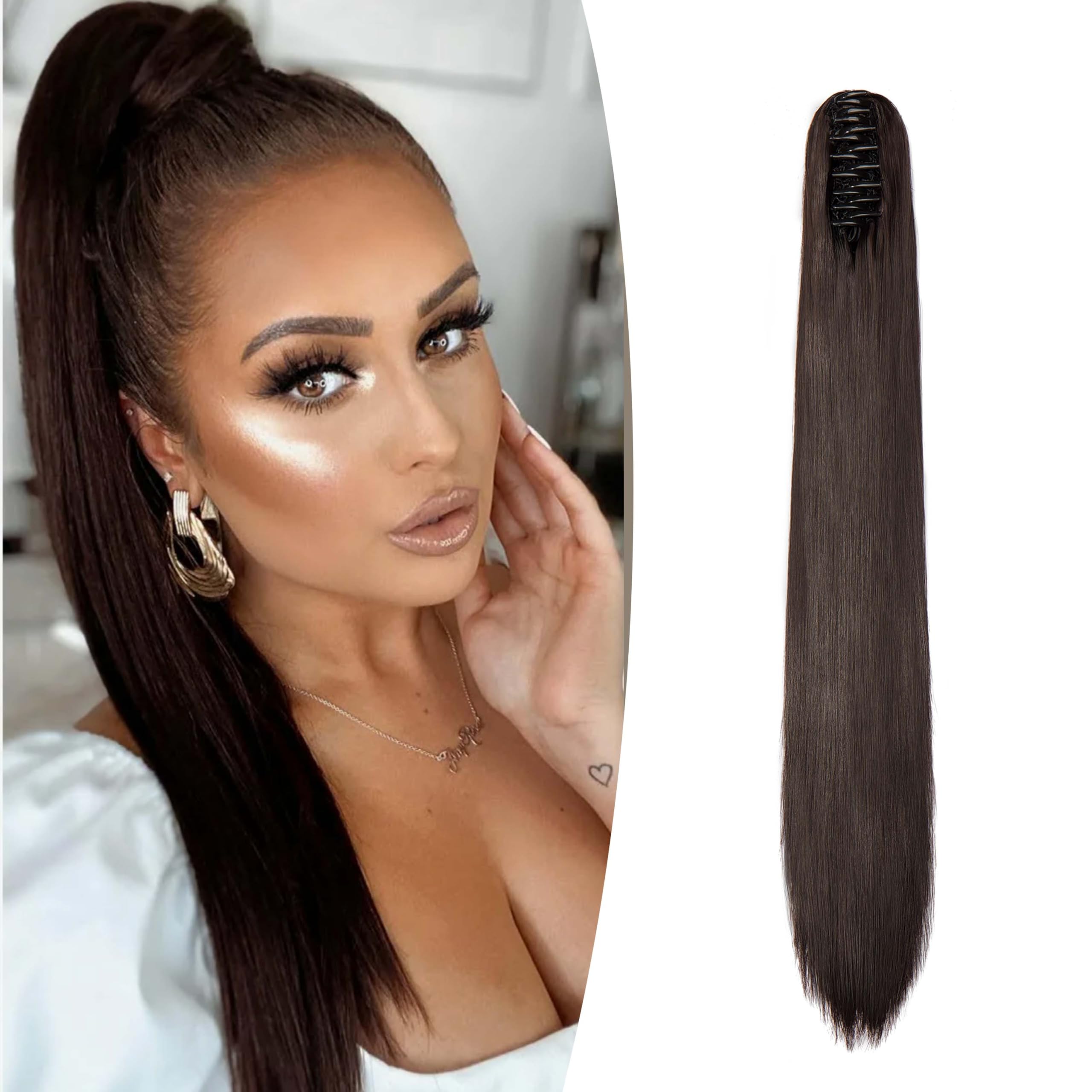 Gairyan Clip in Ponytail Hair Extensions 24 inch Ponytail Extension Long Straight Pony Tails Claw on Ponytail Synthetic Hairpieces for Women Soft Natural Look (Medium Brown)