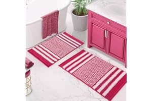 Tindbea Bathroom Rugs Set 2 Piece, Extra Soft and Absorbent Fluffy Striped Chenille Bath Mat Rug Set, Non Slip Bathroom Floor Mat, Machine Washable (20" x 32" Plus 16" x 24", Rose Red)