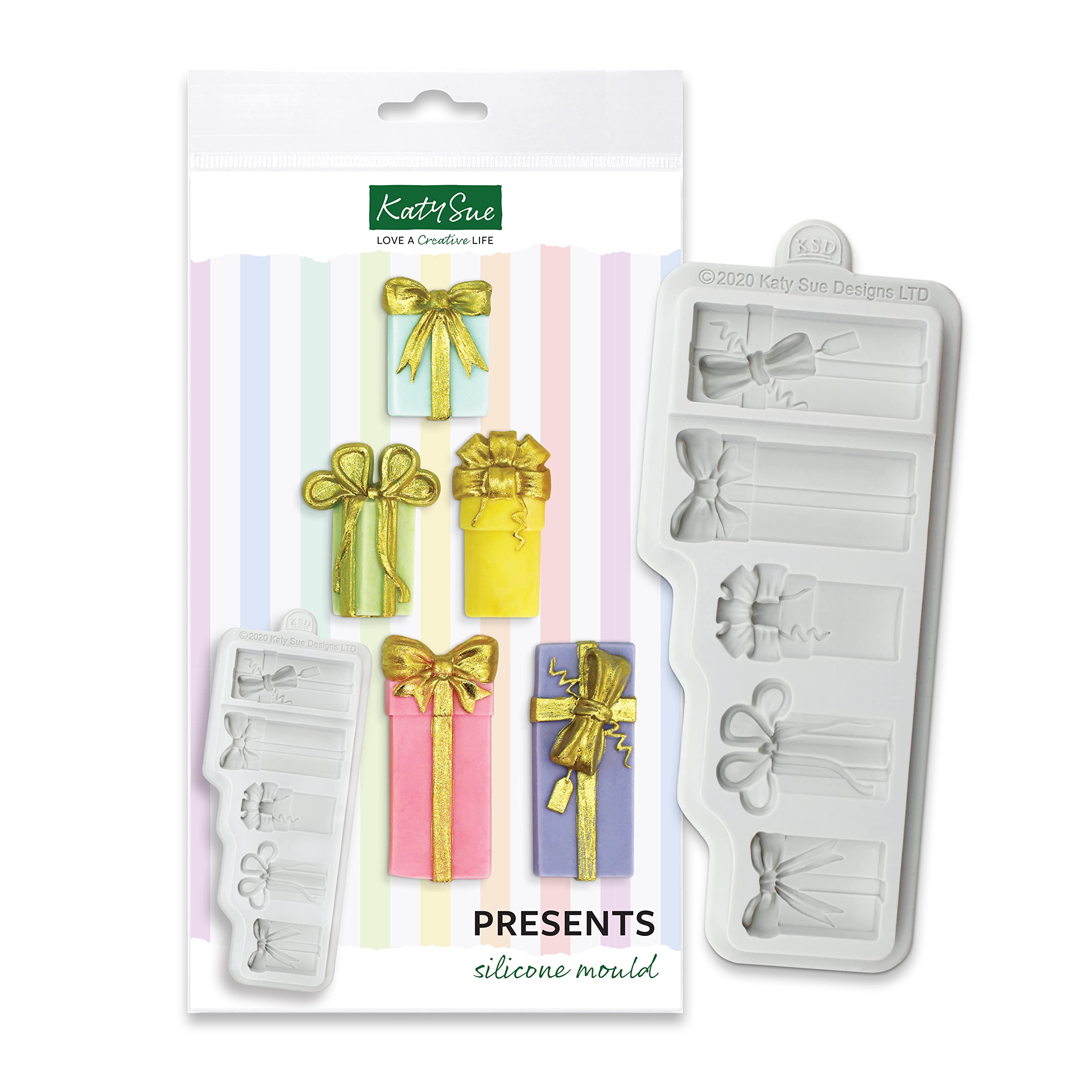 Katy Sue Presents Silicone Mould for Cake Decorating & Craft. Makes 5 Presents with Bows Sized 55 to 33 Millimetres Tall & 25 Millimetres Wide for Fondant, Sugar Paste, Air Dry & Polymer Clay. UK-Made