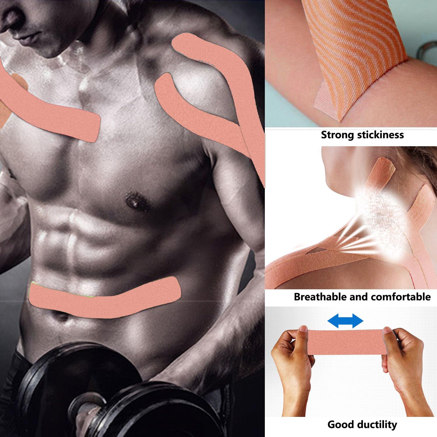FOU Kinesiology Recovery Therapeutic Tape, Waterproof Muscle Support for Athlete,Sports Injury Tape 1 inch x 16.4 ft / 2.5cm x 5m (2 Pack Beige): Sports & Outdoors