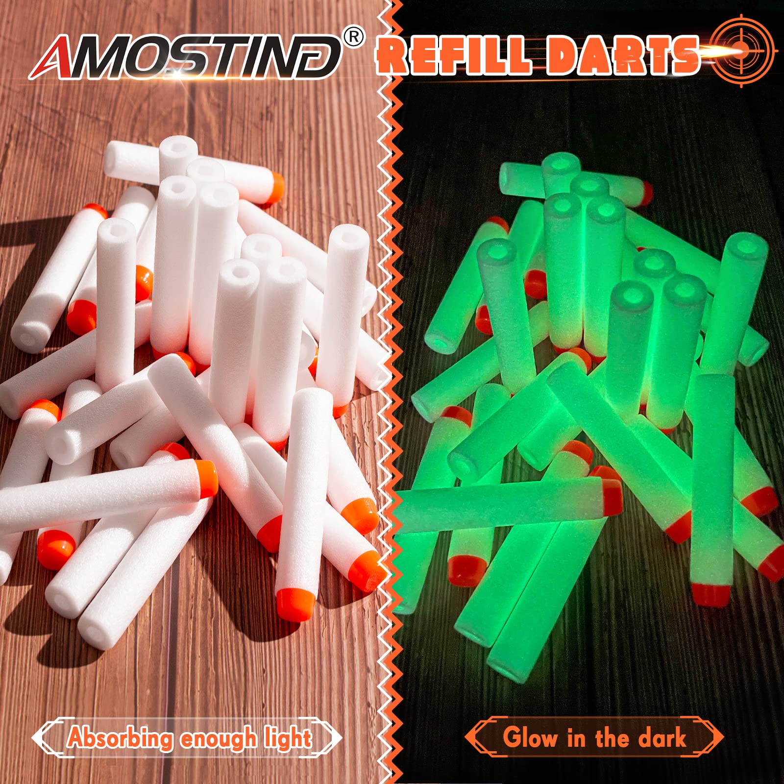 AMOSTING 100PCS Refill Darts for Nerf N Strike Elite 2.0 Series Glow in The Dark Bullets Pack – Compatible with All Elite Blasters White