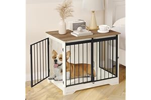 Hzuaneri 31.9" Dog Crate Furniture with Barn Door, Heavy Duty Dog Kennel Indoor with 2 Doors, Wooden Pet Cage End Table for Small Medium Dogs up to 44 lb, Anti-Chew Anti-Escape, White Brown DFC83614B