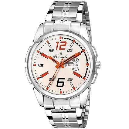 Buccachi Analogue White Round Day & Date Dial Silver Color Strap Watch for Mens (B-G5051-WT-CH)