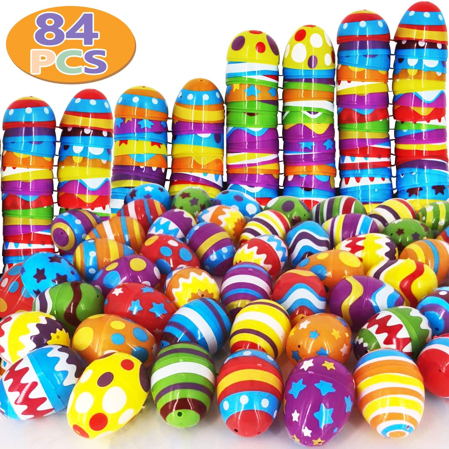 heytech 84 Pcs Easter Eggs Plastic Printed Bright Easter Eggs 2 3/8" Tall for Easter Hunt, Basket Stuffers Fillers, Classroom Prize Supplies, Filling Treats and Party Favor, Gift for Kids, Boys, Girls