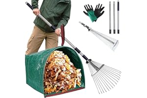 UMBGODN Rake for Leaves, Adjustable Small Leaf Rakes for Lawns, 53 Gallon Reusable Yard Waste Bags with Reinforced Carry Handles, Metal Leaf Rake for Yard, Gardening Outdoor Camping Grass Weed