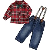 RUINIXCW Toddler Baby Boys Christmas Gentleman Outfit Bow Tie Long Sleeve Plaid Shirt Suspender Long Pants Formal Set