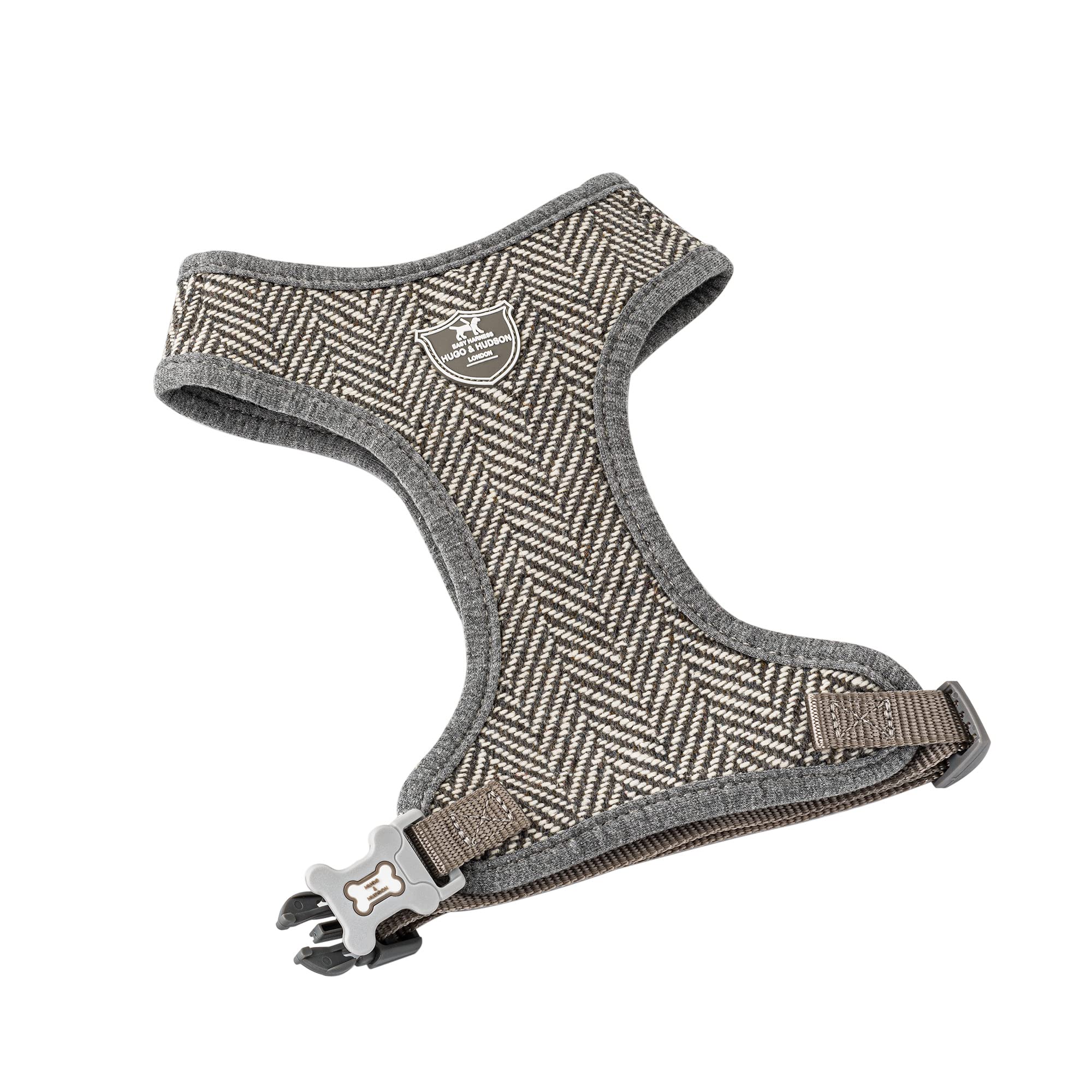 HUGO & HUDSON Tweed Dog Harness No Pull Adjustable Rear Buckle Vest, Grey Herringbone, L