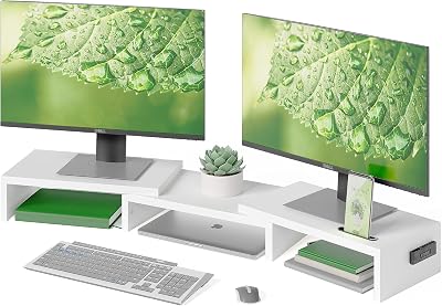 BONTEC Dual Monitor Stand Riser Adjustable Length & Angle White