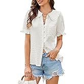 ECOWISH Women's Button Up Shirt - Peter Pan Collar Frilled Short Sleeve Summer Tops Casual Cotton Retro Floral Blouse