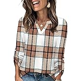 WIHOLL Womens Casual V Neck Rolled Long Sleeve Work Tops Blouses Shirts Fall Outfits