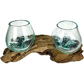 Decorative Vase, 10.5 Inch Long Double Molten Glass Bowls on Driftwood | Hand Blown Clear Vessels, Natural Wood Grain and Bubbles Vary, Dual Planter or Terrarium Accent