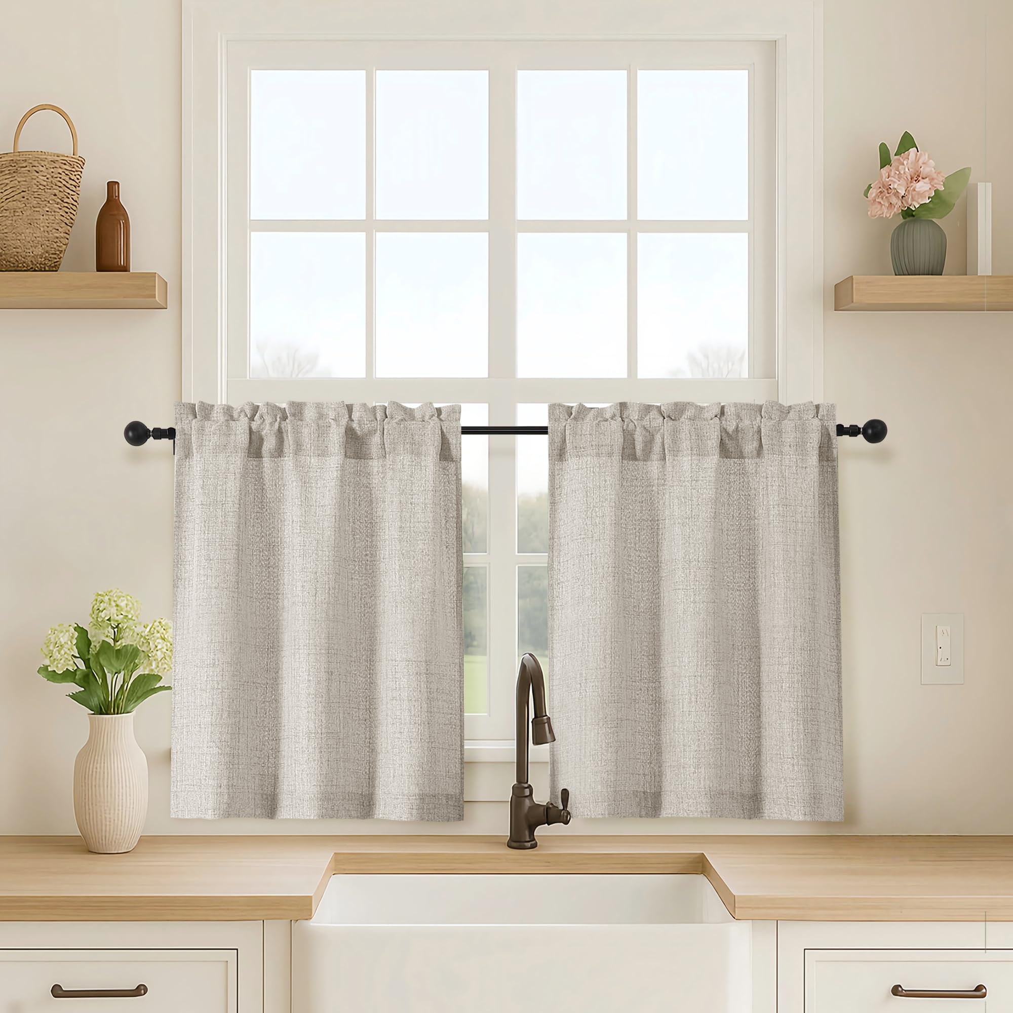 Photo 1 of OVZME Kitchen Curtains 24 Inch Length, Light Filtering Faux Linen Textured Small Cafe Curtains, Short Window Curtain Tiers for Cabinet Bathroom Basement RV Camper, 30Wx24L Inch, 2PCS, Linen Color