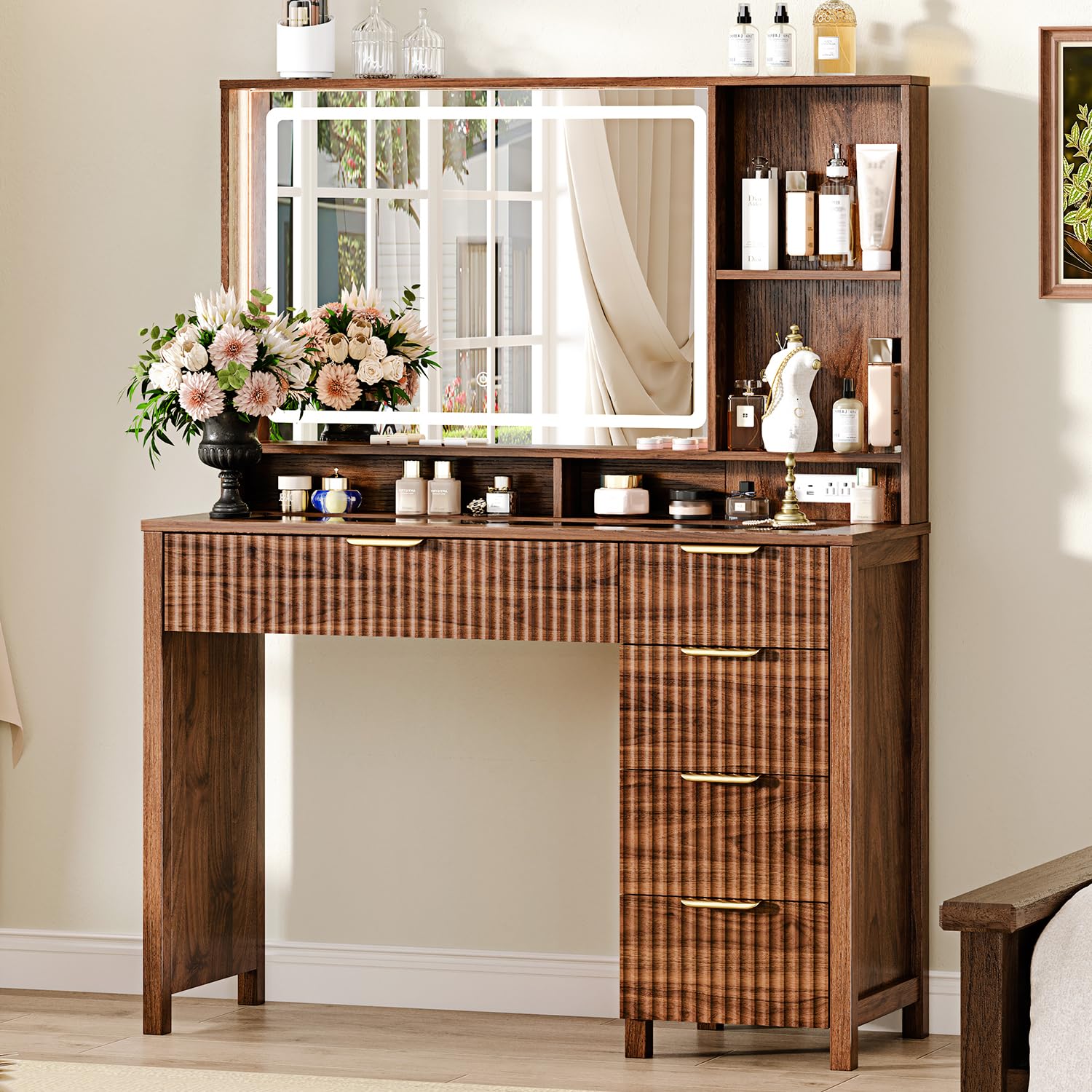 Photo 1 of Arulvmrn Makeup Vanity Desk with Mirror and Lights, 43.3'' Glass Tabletop Vanity Table with 5 Drawers & Shelves,Big Vanity Set for Bedroom, Walnut