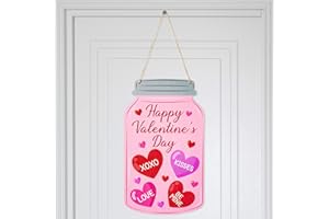 W1cwey Valentine's Wooden Door Sign - Pink Heart Mason Jar-Shaped Wall Pediments Decor Valentine's Day love be mine Home Party Wedding Anniversaries Special Occasions String Weeding Anniversary Decor