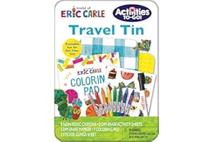 LEAP YEAR PUBLISHING Eric Carle | Activities To-Go Travel Tin | Art Set | Includes 8 Crayons, 2 Dry Erase Activities with 1 Dry Erase Marker, 1 Coloring Pad, and 1 Sheet of Repositionable Sticker Clings