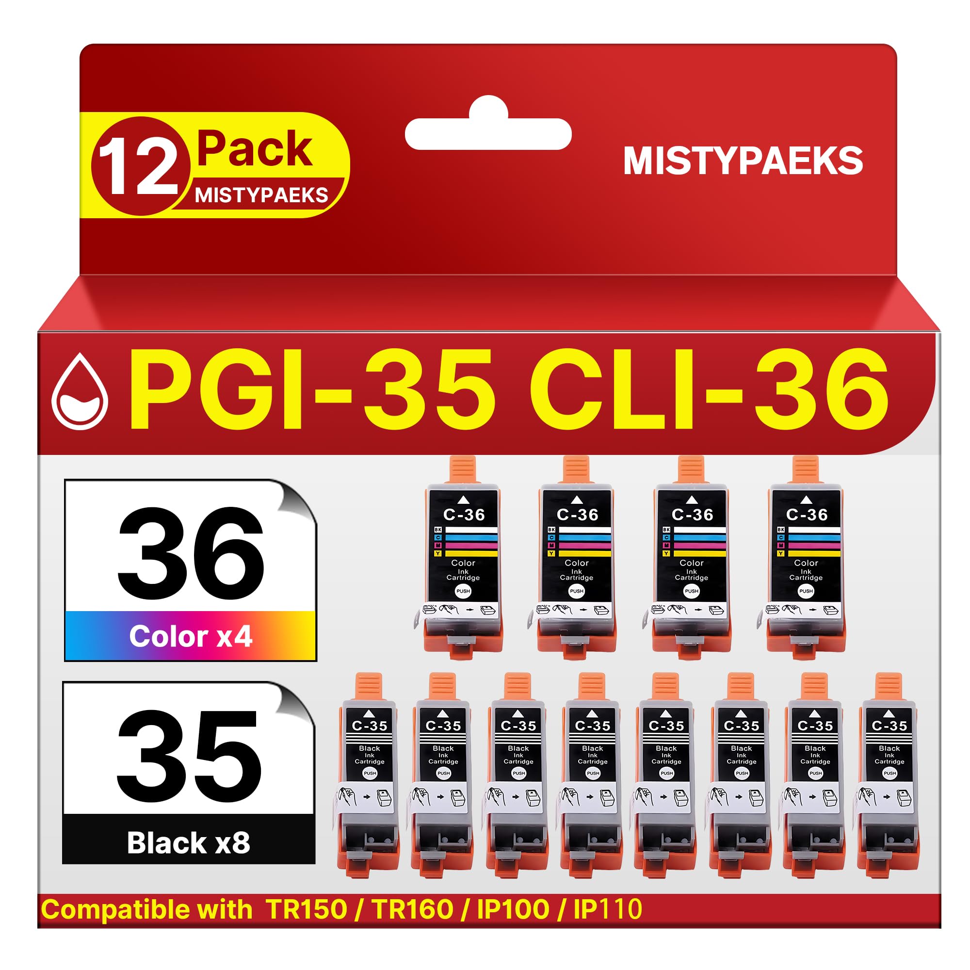 Photo 1 of 12Pack PGI-35 CLI-36 Ink Cartridges Black and Color Value Pack Replacement for Canon 35 36 Ink Cartridges Compatible with Canon Pixma TR150 TR160 iP110 iP100 MINI260 MINI320 Printer (8 Black, 4 Color)