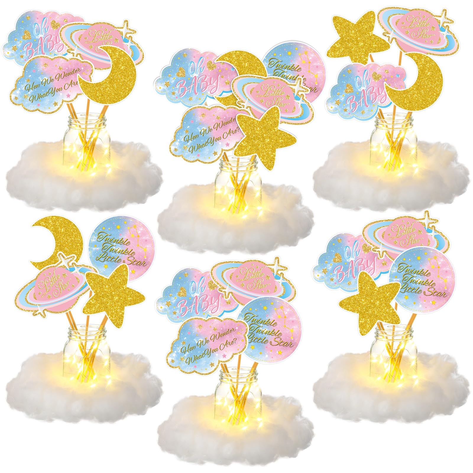 Photo 1 of Amyhill 6 Sets Twinkle Little Star Baby Shower Centerpiece Gender Reveal Decorations Moon and Stars Decor Starry Birthday Table Toppers Moon Cloud Decoration for Boys Birthday Party Supply(Pink)