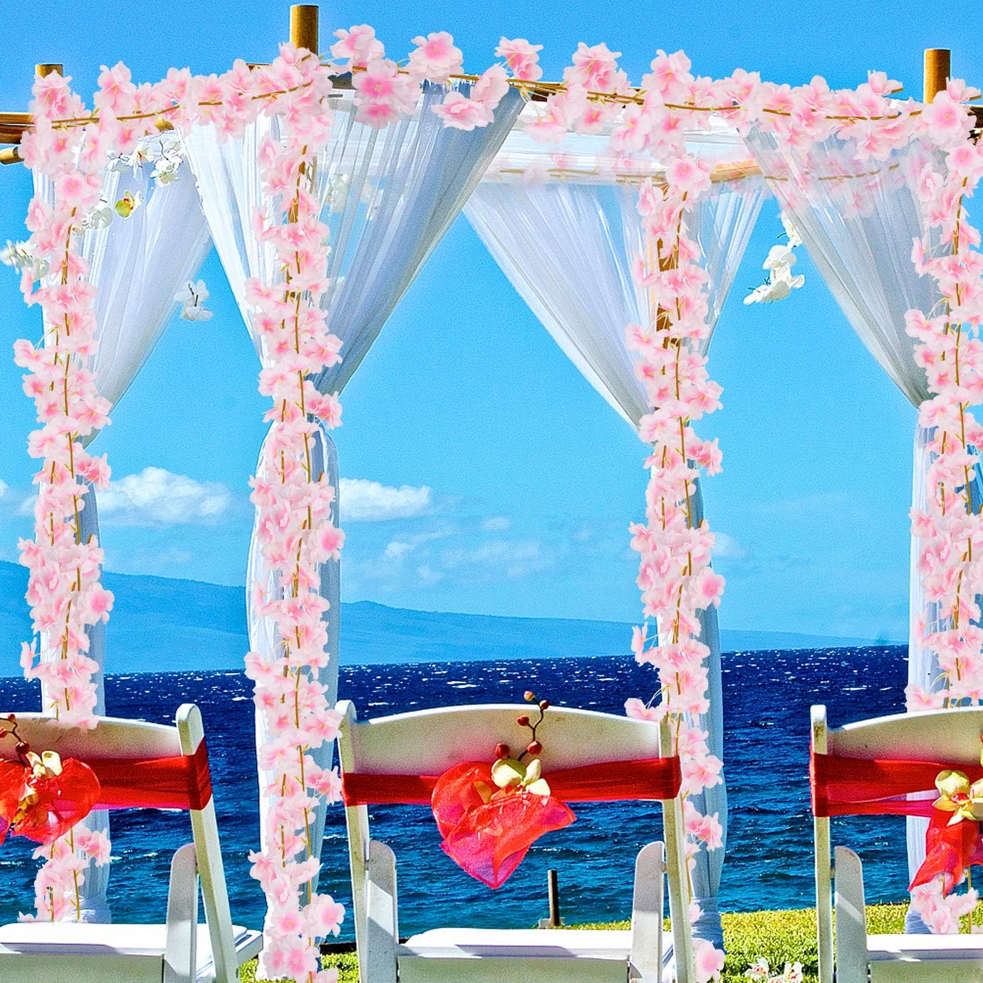 KONUNUS 4 Pack Artificial Cherry Blossom, 5.9ft Artificial Silk Cherry Blossom Hanging Vine Garland for Home Wedding Indoor Outdoor Garden Wall Decor Party Decoration(Pink, 5.9ft) - Image 5