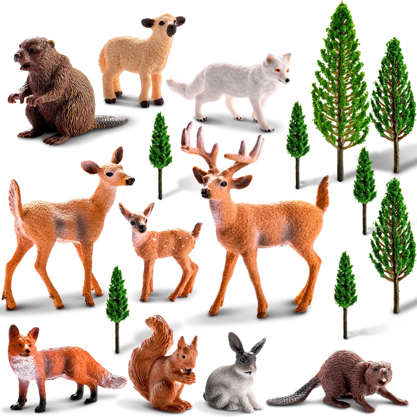 Photo 1 of Sumind 18 Pcs Forest Animals Figurines Woodland Animals Toys Model Trees Kit Miniature Plastic Toys Realistic Wild Forest for Cake Toppers Birthday Party Favor(Forest Animals)