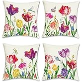 Bonhause Tulip Spring Floral Pillow Covers 18 x 18 Inch Set of 4 Farmhouse Garden Colorful Pillows Case Polyester Linen for Patio Sofa Bed Home Decor