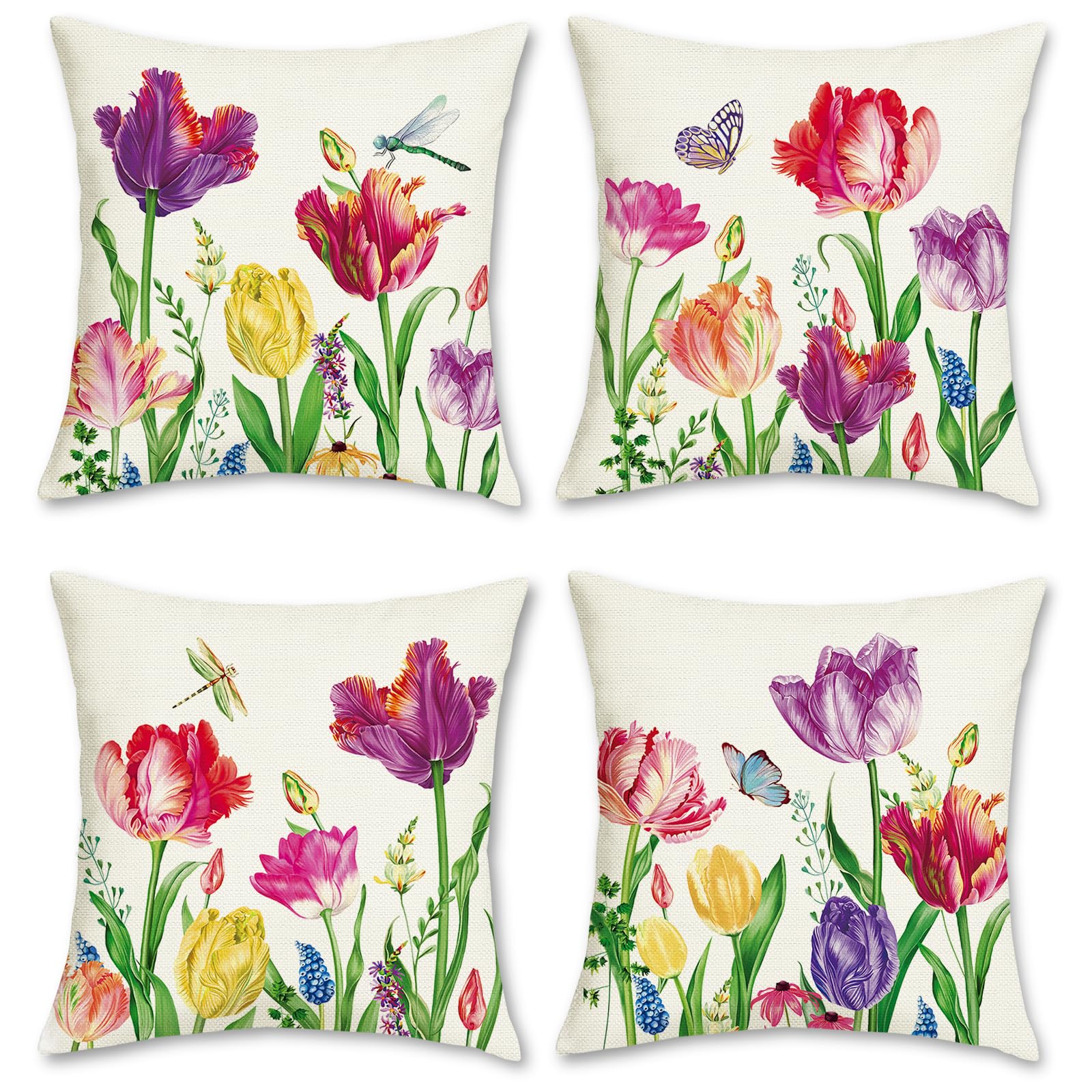 Bonhause Tulip Floral Cushion Covers 45 x 45 cm Colorful Flower Decorative Throw Pillow Covers for Sofa Bed Home Garden Outdoor Spring Summer Decor Set of 4
