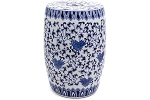 Euro Ceramica Claybarn Blue Garden Porcelain 16" Decorative Lotus Drum Stool