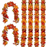 Joyhalo 6 Pack Fall Garland, Autumn Leaves Garland for Mantle Indoor Outdoor Fall Decor,Hanging Maple Leaf Foliage Vines for Fireplace, Front Door, Porch and Thanksgiving Decor