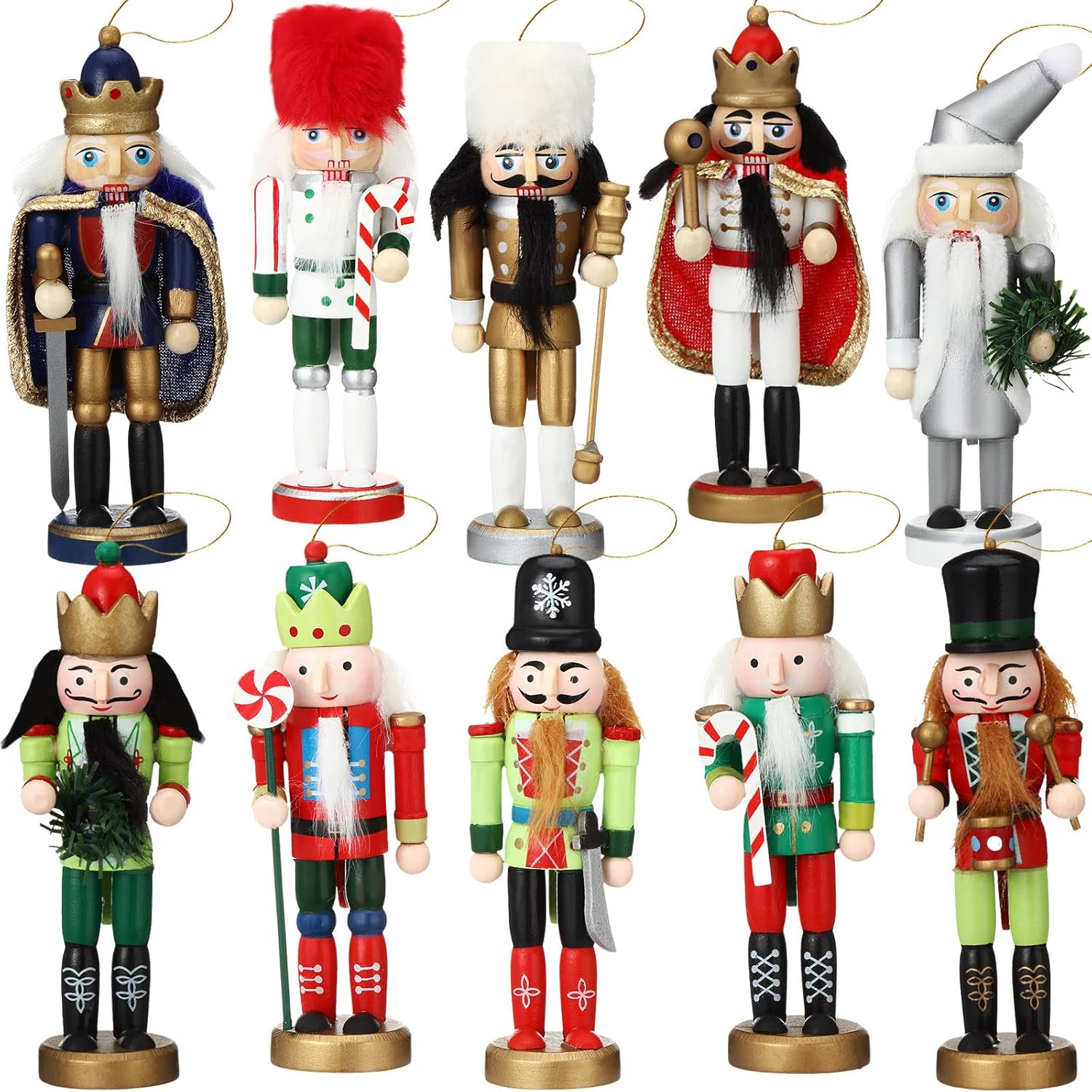 Nutcrackers - Syhood 10 Pcs Christmas Nutcrackers Ornament 5 Inch Wooden Nutcracker Hanging Decorations Christmas King Soldier Nutcrackers Figures with Ropes for Xmas Tree Toy Party Supply