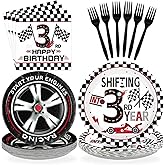 96Pcs Shifting into 3rd Year Birthday Decorations Disposable Race Car Themed 3rd Party Plates and Napkins Checkered Flag Tableware Set for Boys Racing Car 3 Years Old Birthday Party Supplies Serves 24