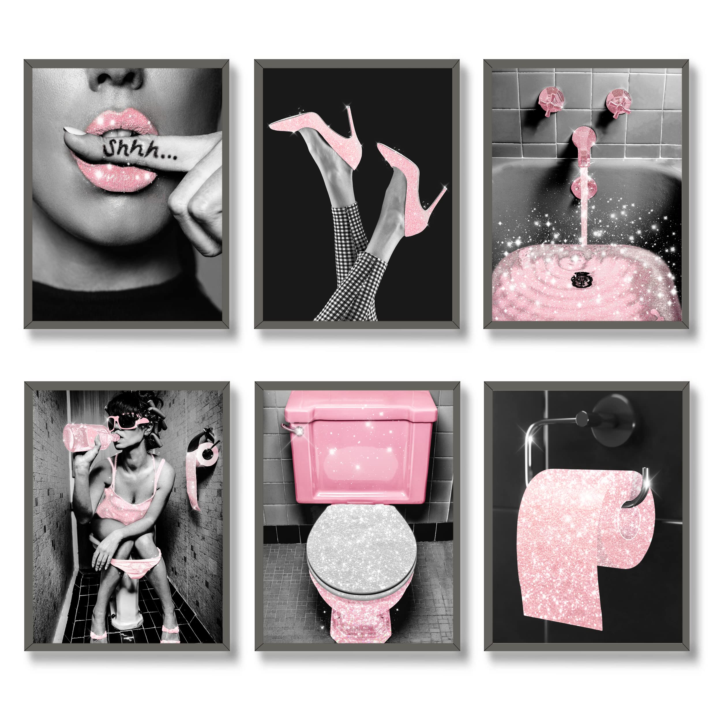 Luodroduo Fashion Wall Art Bathroom Decor Prints Set of 6 - Pink Glam Glitter Tissue Canvas Posters Pictures - Black and White Modern Women Funny Artwork (11"x14" Unframed)