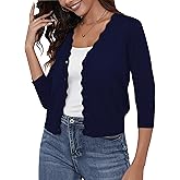 SNOVTRS Women's Cropped Cardigans 3/4 Sleeve Button Down Lightweight Cardigan Sweaters Scalloped Edged Bolero Shrugs