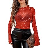 Avidlove Women Mesh Tops Rhinestone Tops Long Bell Sleeve Blouses Glitter Shirts Sexy Clubwear Outfits S-XXL