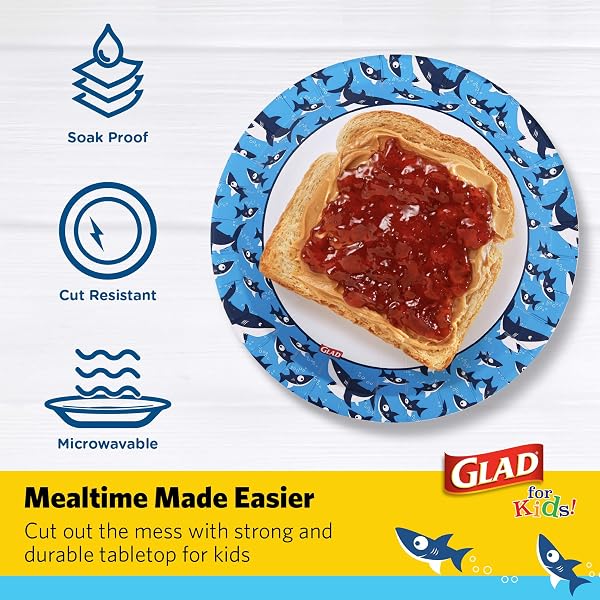 GLAD FOR KIDS 8.5 INCH ROUND PAPER PLATES, CUTE SHARKS DESIGN, HEAVY DUTY CUT-RESISTANT AND SOAK-PROOF DISPOSABLE PLATES, MICROWAVABLE KIDS TABLEWARE FOR MEALS, PARTIES, SNACKS, 20 COUNT – 6 PACK