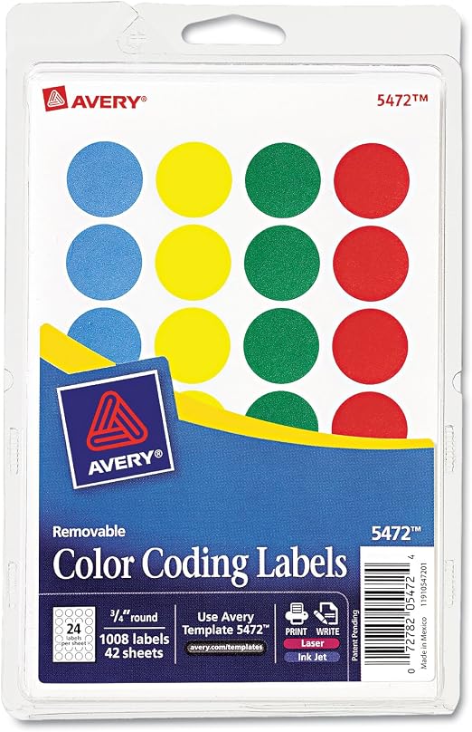 Avery Color coding labels (rainbow pack) (3/4inch round) 1000ct (072782054724)