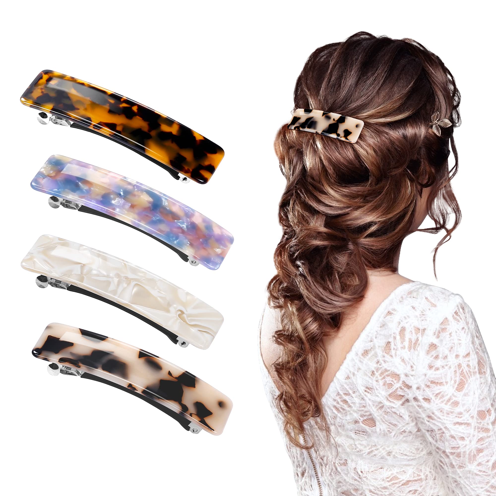 Kiiwah 4pcs French Design 8.5cm Hair Barrettes, Elegant Vintage Tortoiseshell Hair Clips Rectangle with Automatic Clamp Anti-slip for Thin Thick Curl Hair Styling Accessories