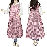 TALIBSA Plaid Apron Dress,Japanese Cotton Linen Cross Back Apron for Women with Pockets,Pinafore Dress with Waist Ties