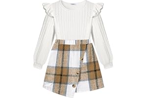 Arshiner Girls Skirt Sets Ruffle Sleeve Top and Plaid Mini Skirt 2 Piece Fall Winter Outfits for Kids