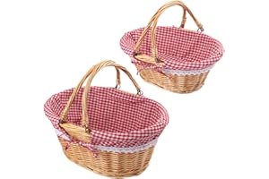 GNIEMCKIN 2 Pack 14 & 12.6 Inch Wicker Basket with Handle, Wicker Picnic Baskets with Checkered Liner, Oval Willow Woven Basket for Fruit, Wine, Wedding, Picnic