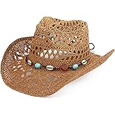 Melesh Straw Cowboy Hat for Women and Men with Shapeable Wide Brim Sun Beach Western Cowgirl Hat