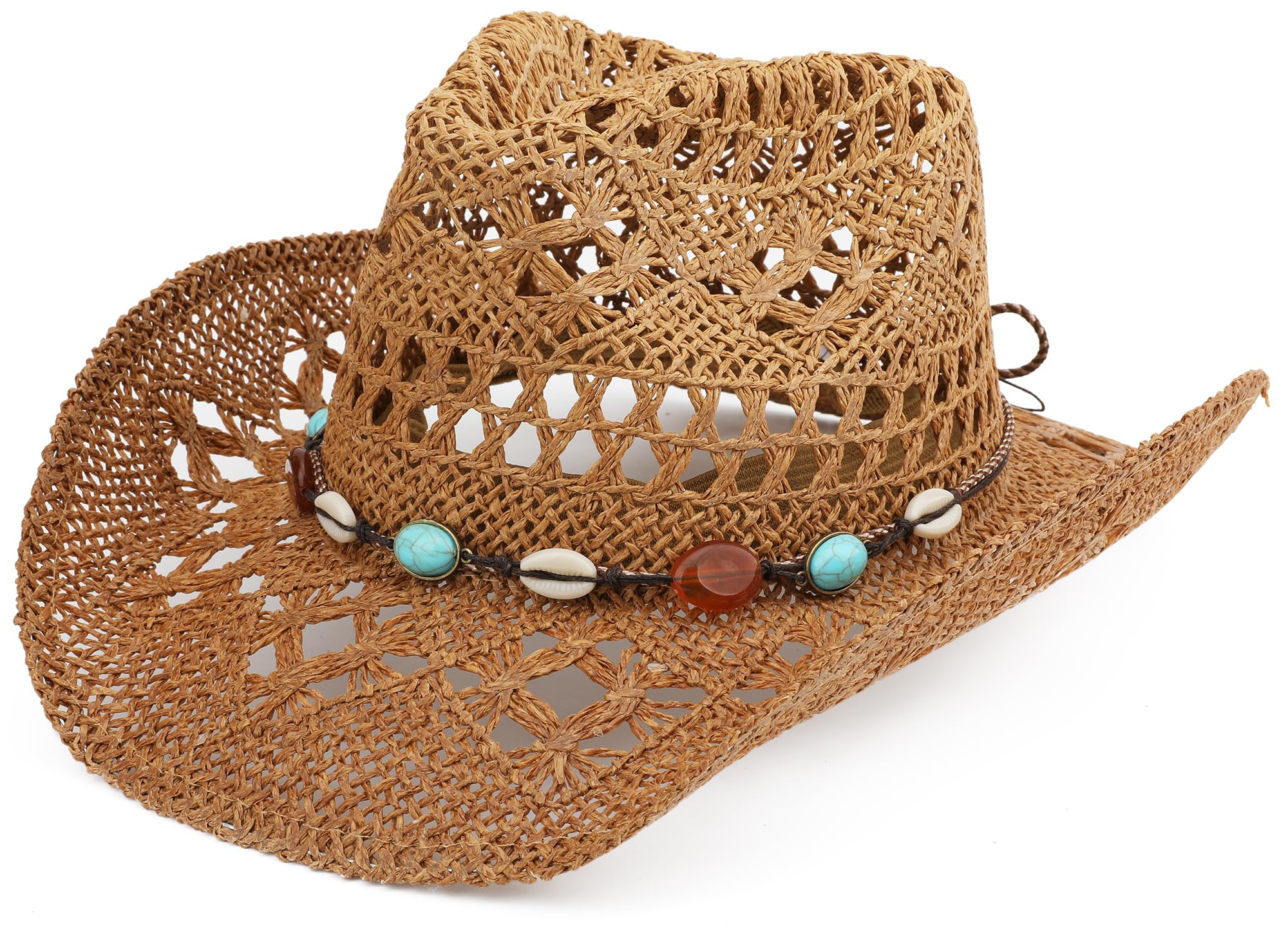 Photo 1 of Melesh Straw Cowboy Hat for Women and Men with Shapeable Wide Brim Sun Beach Western Cowgirl Hat (US, Alpha, One Size, Khaki-M)