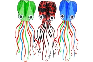 MILKY HOUSE 3 Pack Octopus Kite - 3D Beach Kites for People & Kids (Blue, Green, Red) - Easy to Fly, Kite Kit with 100M String