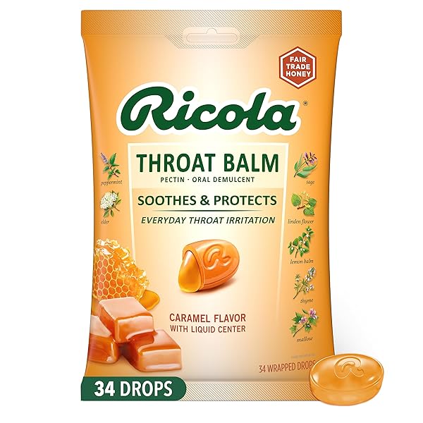RICOLA THROAT BALM CARAMEL THROAT DROPS WITH LIQUID CENTER, 34 COUNT, COAT & PROTECT YOUR THROAT, DAILY THROAT RELIEF & PROTECTION, ORAL DEMULCENT
