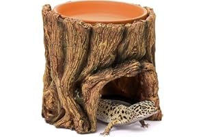 Cididu Reptile Hide Cave Resin, 2 in 1 Reptile Hideout Cave and Food Tray, Reptile Shelter with Detachable Food Bowl, Leopard