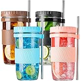 wookgreat 4 Pack Bubble Tea Cup, 24oz Iced Coffee Cups, Mason Jar with & Straws & 4 Airtight Lids, Reusable Wide Mouth Smoothie Boba Cup, Clean Brush, Glass Cups, Travel Drinking Bottle