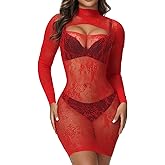 Hilergy Sexy Lingerie Dress for Women Fishnet Hollow Out Bodycon Stretchy Nightwear Exotic Beach Cover Up Outfit(One Size,Red)