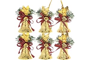 LOGOFUN 6pcs Christmas Hanging Bells Decorations Plastic Bells with Bow - Gold Xmas Tree Ornaments for Festival Party Supplies