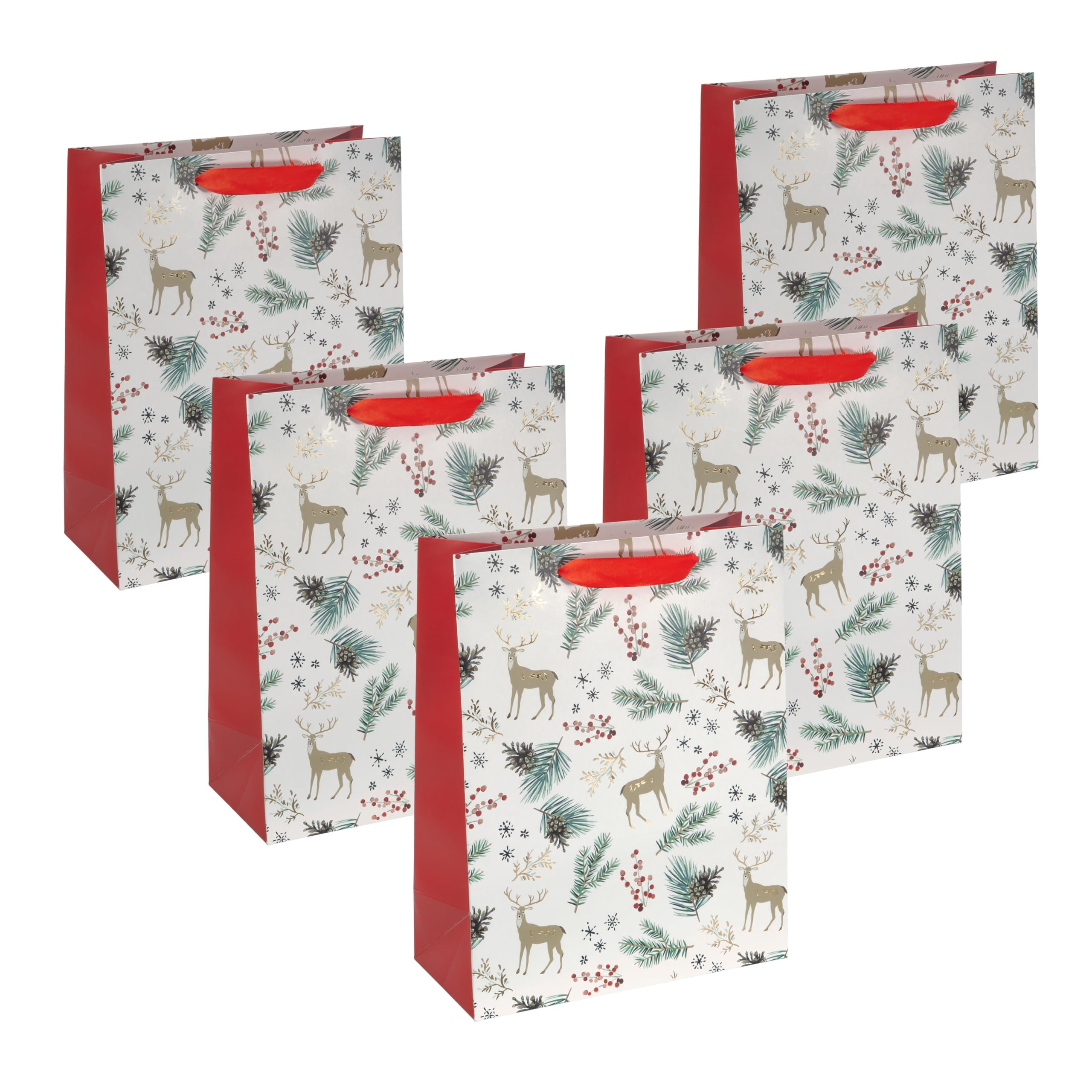 Sigel GT121/5 Large Premium Paper Gift Bags, Set of 5, White/Gold/Red, with Silk Ribbon Handles, 26 x 33 x 12 cm, Christmas Motifs Watercolour, Paper Gift Bags Christmas